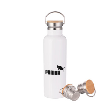 Pumba, Stainless steel White with wooden lid (bamboo), double wall, 750ml