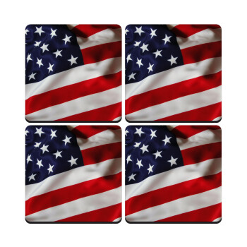 USA Flag, ΣΕΤ 4 Σουβέρ ξύλινα τετράγωνα (9cm)