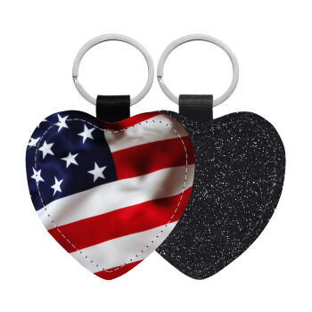 USA Flag, Μπρελόκ PU δερμάτινο glitter καρδιά ΜΑΥΡΟ