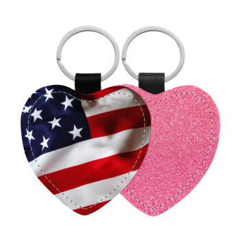 Σημαία Αμερικής, Μπρελόκ PU δερμάτινο glitter καρδιά ΡΟΖ