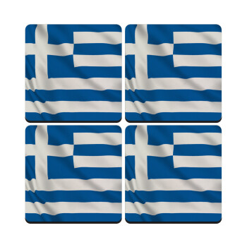 GREEK Flag, ΣΕΤ 4 Σουβέρ ξύλινα τετράγωνα (9cm)