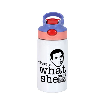 The office Michael That's what she said, Children's hot water bottle, stainless steel, with safety straw, pink/purple (350ml)