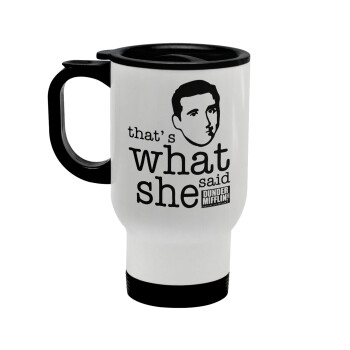 The office Michael That's what she said, Stainless steel travel mug with lid, double wall white 450ml