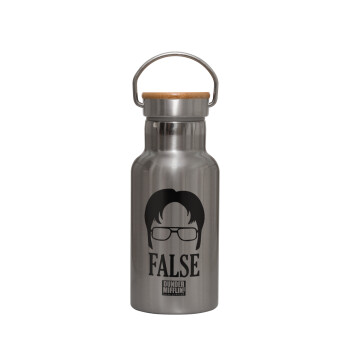 The office Dwight false, Stainless steel metallic thermos flask, silver with a bamboo lid, double-walled, 350ml.