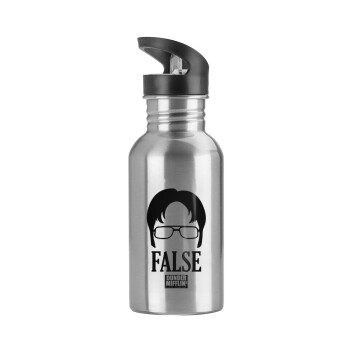 The office Dwight false, Water bottle Silver with straw, stainless steel 600ml
