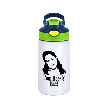 The office Pam Beesly, Children's hot water bottle, stainless steel, with safety straw, green, blue (350ml)