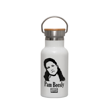 The office Pam Beesly, Metallic thermos (Stainless steel) White with wooden lid (bamboo), double-walled, 350ml