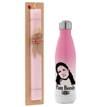 The office Pam Beesly, Easter Set, Metallic pink/white (Stainless steel) thermos, double-walled, 500ml & aromatic flat Easter candle (30cm) (PINK)