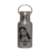 Stainless steel metallic thermos flask, silver with a bamboo lid, double-walled, 350ml.