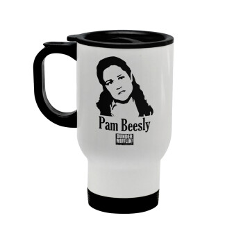 The office Pam Beesly, Stainless steel travel mug with lid, double wall white 450ml