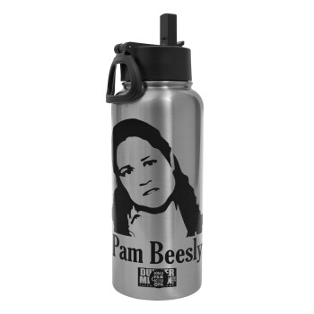 The office Pam Beesly, Metal mug thermo Silver with Straw and Spout Lid (Stainless steel), double wall, 950ml