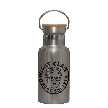 The office Dwight Claw (beet seltzer), Stainless steel metallic thermos flask, silver with a bamboo lid, double-walled, 350ml.