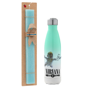 Nirvana nevermind, Easter Set, Metallic green/white thermos (Stainless steel), double-walled, 500ml & scented flat Easter candle (30cm) (TURQUOISE)