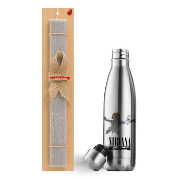 Nirvana nevermind, Easter Set, metallic stainless thermos flask (500ml) & scented flat Easter candle (30cm) (GRAY)