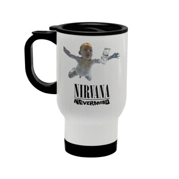 Nirvana nevermind, Stainless steel travel mug with lid, double wall white 450ml