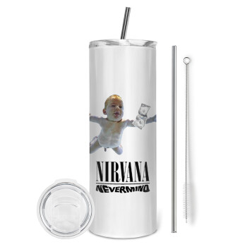 Nirvana nevermind, Tumbler ποτήρι θερμό από ανοξείδωτο ατσάλι 600ml, με μεταλλικό καλαμάκι & βούρτσα καθαρισμού