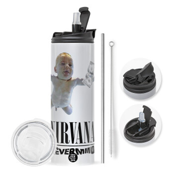 Nirvana nevermind, Travel Tumbler θερμό με διπλό καπάκι, μεταλλικό καλαμάκι και βούρτσα καθαρισμού (Ανωξείδωτο 304 Food grade, BPA free, 600ml)