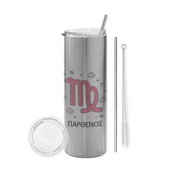 Ζώδια Παρθένος, Eco friendly stainless steel Silver tumbler 600ml, with metal straw & cleaning brush