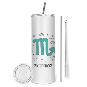 Ζώδια Σκορπιός, Eco friendly ποτήρι θερμό (tumbler) από ανοξείδωτο ατσάλι 600ml, με μεταλλικό καλαμάκι & βούρτσα καθαρισμού