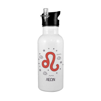 Ζώδια Λέων, White water bottle with straw, stainless steel 600ml