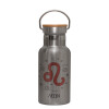 Stainless steel metallic thermos flask, silver with a bamboo lid, double-walled, 350ml.