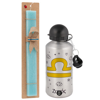 Ζώδια Ζυγός, Easter Set, metallic silver aluminum water bottle (500ml) & scented flat Easter candle (30cm) (TURQUOISE)