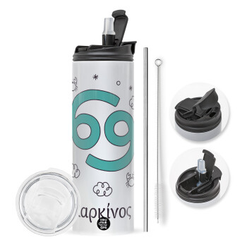 Ζώδια Καρκίνος, Travel Tumbler 2 Lids, with metal straw & cleaning brush (Stainless steel 304 Food grade, BPA free, 600ml)