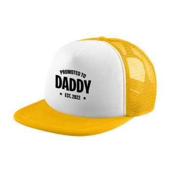 Promoted to Daddy, Adult Soft Trucker Hat with Yellow/White Mesh (POLYESTER, ADULT, UNISEX, ONE SIZE)