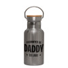 Stainless steel metallic thermos flask, silver with a bamboo lid, double-walled, 350ml.