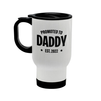 Promoted to Daddy, Stainless steel travel mug with lid, double wall white 450ml