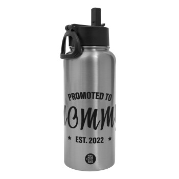 Promoted to Mommy, Metal mug thermo Silver with Straw and Spout Lid (Stainless steel), double wall, 950ml