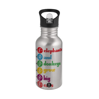 Elephants And Donkeys Grow Big Ears, Water bottle Silver with straw, stainless steel 500ml