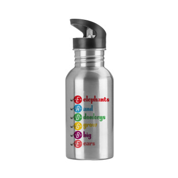 Elephants And Donkeys Grow Big Ears, Water bottle Silver with straw, stainless steel 600ml
