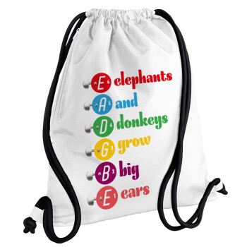 Elephants And Donkeys Grow Big Ears, Τσάντα πλάτης πουγκί GYMBAG λευκή, με τσέπη (40x48cm) & χονδρά κορδόνια