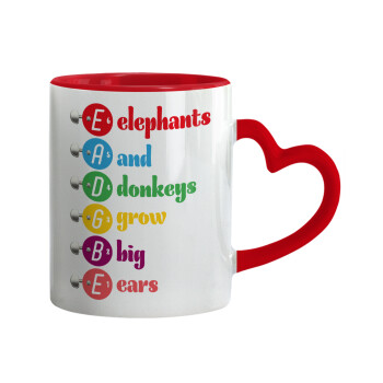 Elephants And Donkeys Grow Big Ears, Mug heart red handle, ceramic, 330ml