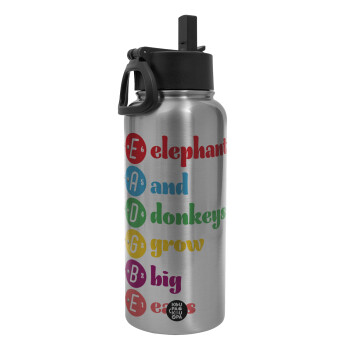 Elephants And Donkeys Grow Big Ears, Metal mug thermo Silver with Straw and Spout Lid (Stainless steel), double wall, 950ml