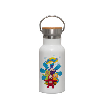 teletubbies, Metallic thermos (Stainless steel) White with wooden lid (bamboo), double-walled, 350ml