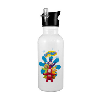 teletubbies, White water bottle with straw, stainless steel 600ml