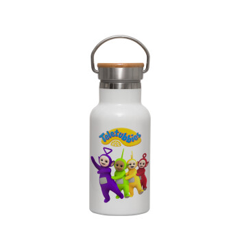 teletubbies Tinky-Winky, Dipsy, Laa Laa and Po, Metallic thermos (Stainless steel) White with wooden lid (bamboo), double-walled, 350ml