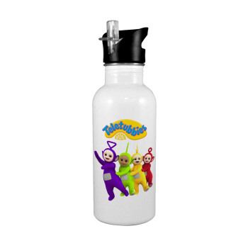 teletubbies Tinky-Winky, Dipsy, Laa Laa and Po, White water bottle with straw, stainless steel 600ml