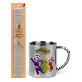 teletubbies Tinky-Winky, Dipsy, Laa Laa and Po, Easter Set, metallic thermal cup (300ml) & Easter aromatic flat candle (30cm) (GRAY)