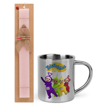 teletubbies Tinky-Winky, Dipsy, Laa Laa and Po, Easter Set, metallic thermal cup (300ml) & aromatic flat Easter candle (30cm) (PINK)