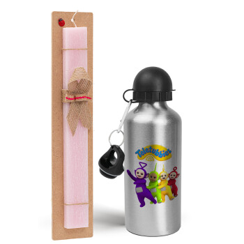 teletubbies Tinky-Winky, Dipsy, Laa Laa and Po, Easter Set, metallic Silver aluminum water bottle (500ml) & scented flat Easter candle (30cm) (PINK)