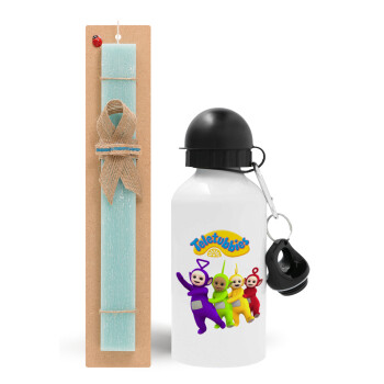 teletubbies Tinky-Winky, Dipsy, Laa Laa and Po, Easter Set, metallic aluminum water bottle (500ml) & scented flat candle (30cm) (TURQUOISE)