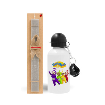 teletubbies Tinky-Winky, Dipsy, Laa Laa and Po, Easter Set, metallic aluminum water bottle (500ml) & aromatic flat Easter candle (30cm) (GRAY)