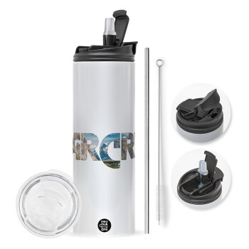 Farcry, Travel Tumbler 2 Lids, with metal straw & cleaning brush (Stainless steel 304 Food grade, BPA free, 600ml)