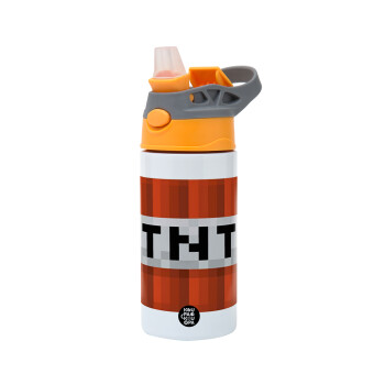 Minecraft TNT, Children's hot water bottle, stainless steel, with safety straw, Orange/Grey (360ml) BPA-FREE