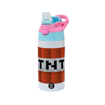 Minecraft TNT, Children's hot water bottle, stainless steel, with safety straw, Pink/BlueCiel (360ml) BPA FREE