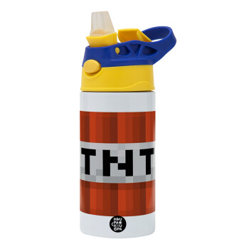 Minecraft TNT, Children's hot water bottle, stainless steel, with safety straw, green, blue (360ml) BPA FREE