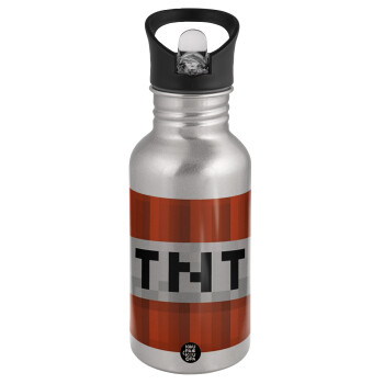 Minecraft TNT, Water bottle Silver with straw, stainless steel 500ml